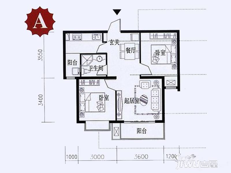 鸿基新城2室2厅1卫72㎡户型图