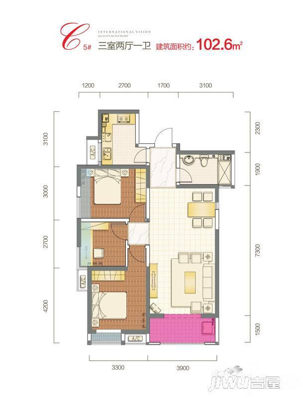 西安三迪枫丹3室2厅1卫102.6㎡户型图