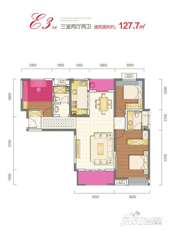 西安三迪枫丹3室2厅2卫127.7㎡户型图