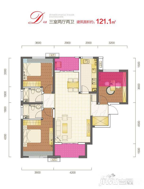 西安三迪枫丹3室2厅2卫121.1㎡户型图