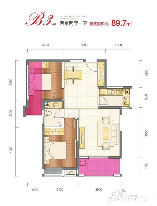 西安三迪枫丹2室2厅1卫89.7㎡户型图