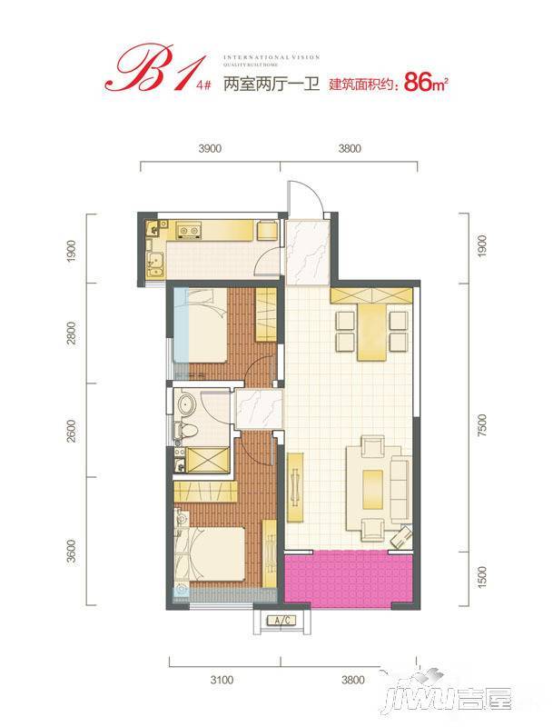 西安三迪枫丹2室2厅1卫86㎡户型图