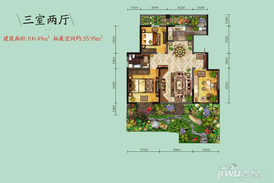 龙泊湾3室2厅1卫100.5㎡户型图