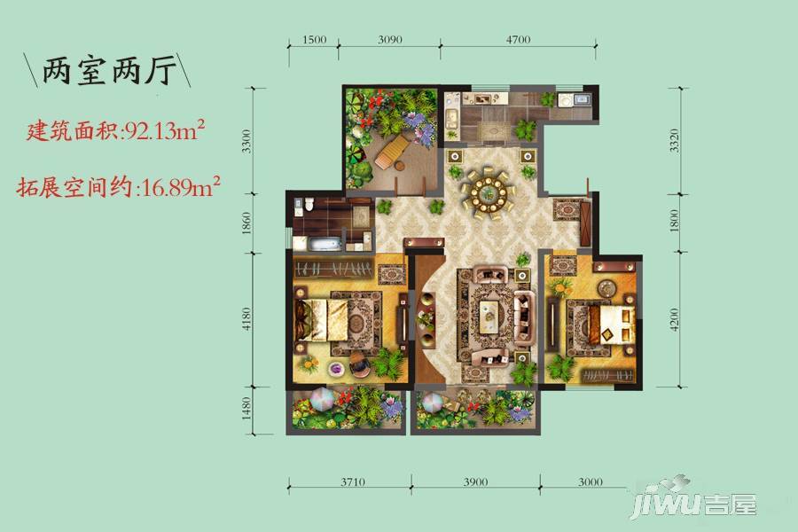 龙泊湾2室2厅1卫92.1㎡户型图