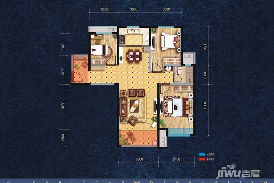 奥林匹克花园3室2厅1卫104.4㎡户型图