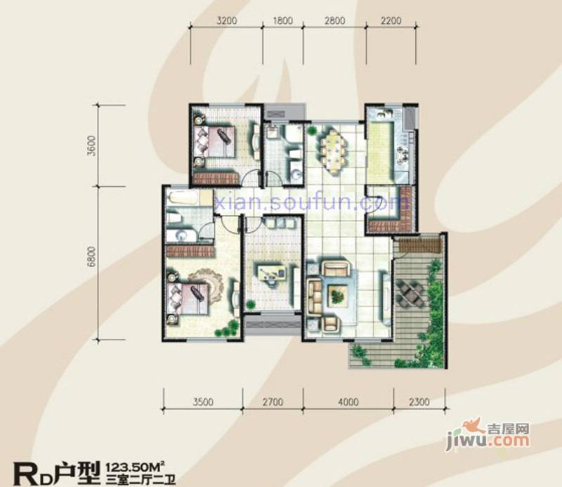 奥林匹克花园3室2厅2卫123.5㎡户型图