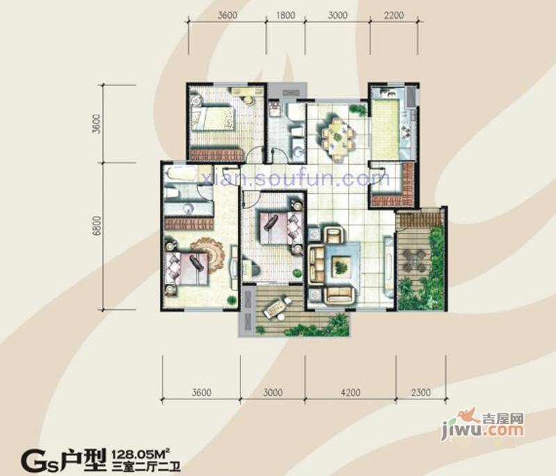 奥林匹克花园3室2厅1卫128.1㎡户型图