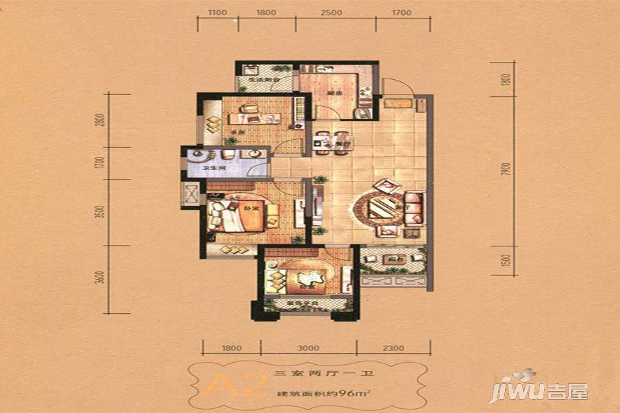 华润·二十四城3室2厅1卫96㎡户型图