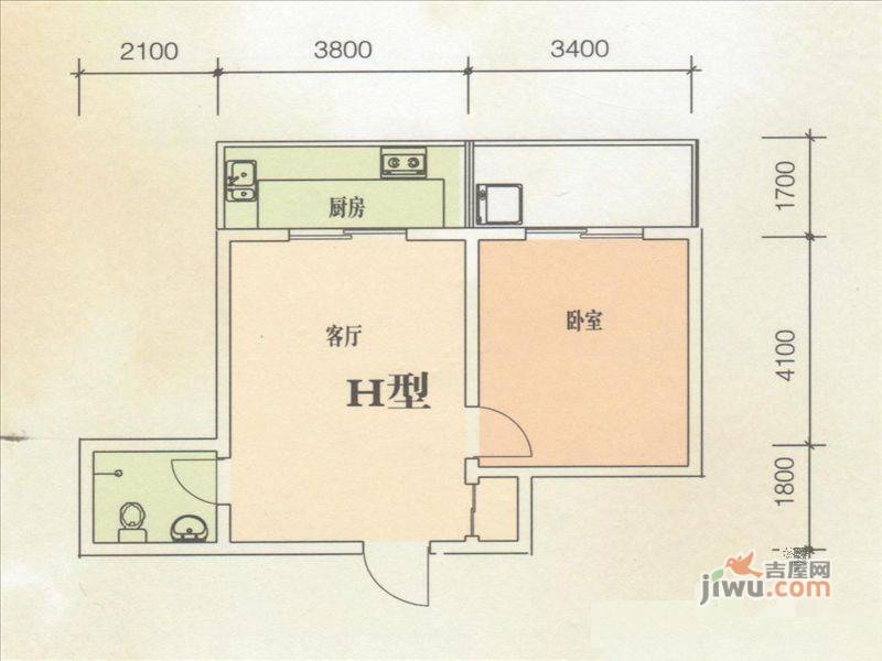 东方绿洲1室1厅1卫62.6㎡户型图