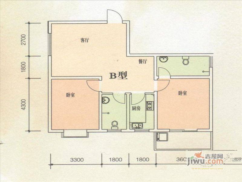 东方绿洲2室2厅2卫105.3㎡户型图