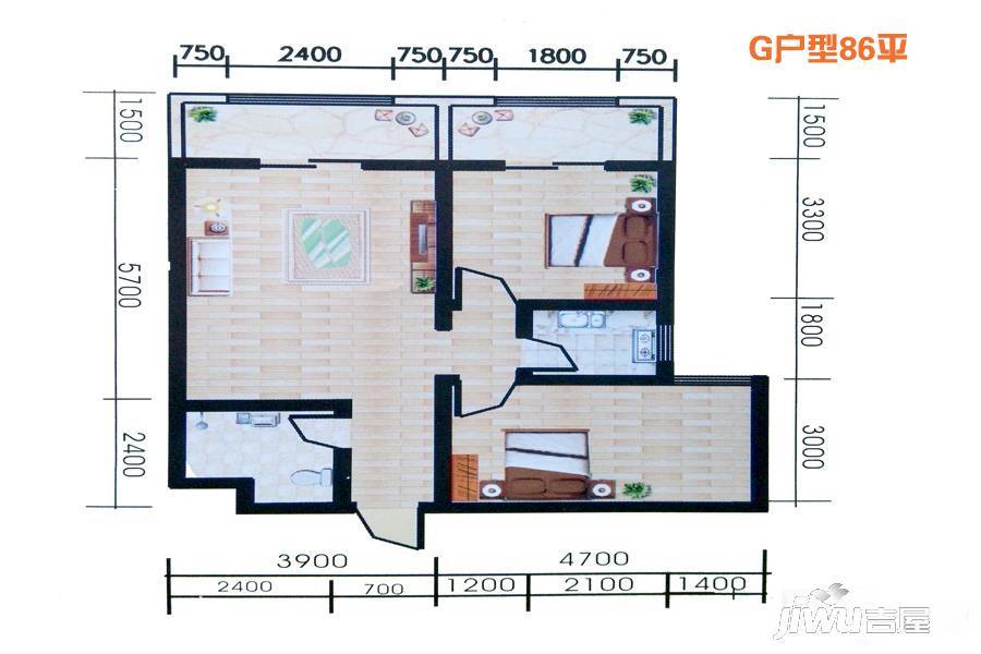 城西印象2室2厅1卫86.6㎡户型图