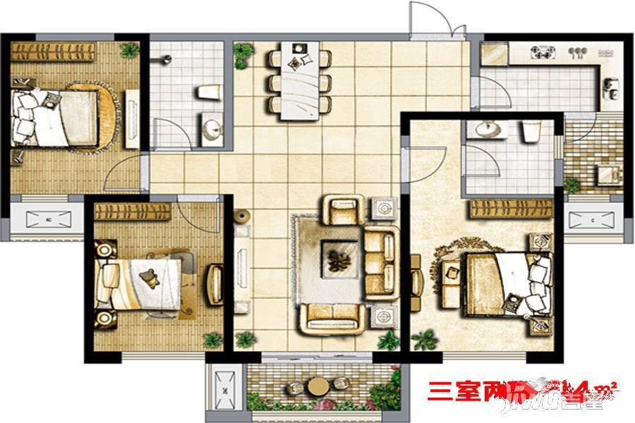 保利·拉菲公馆3室2厅1卫124㎡户型图