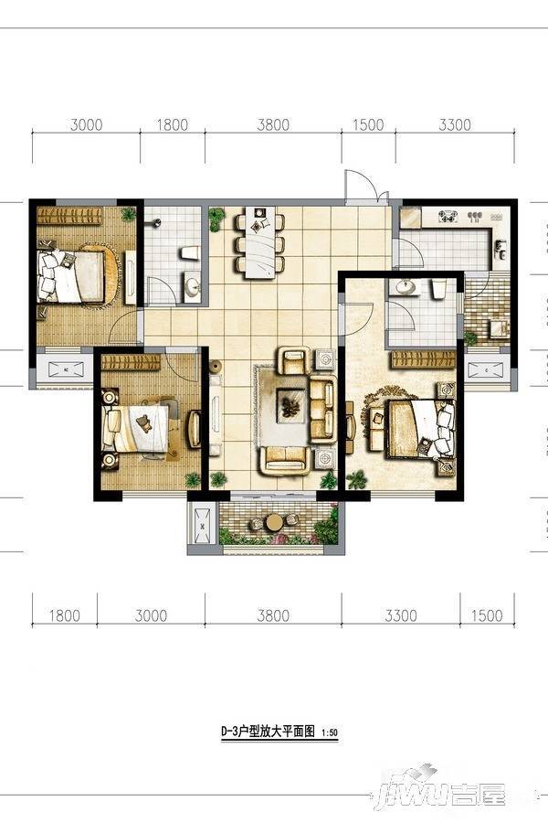 保利·拉菲公馆3室2厅2卫124㎡户型图