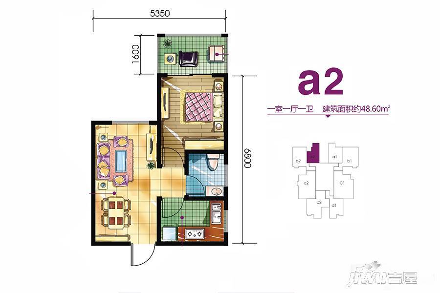 恒天第五座1室1厅1卫48.6㎡户型图