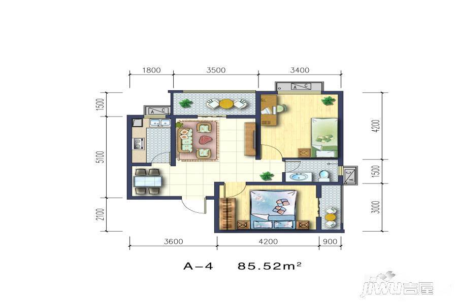 秦沣悦城天下2室2厅1卫85.8㎡户型图