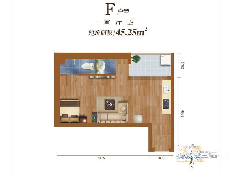 学府公馆1室1厅1卫45.3㎡户型图