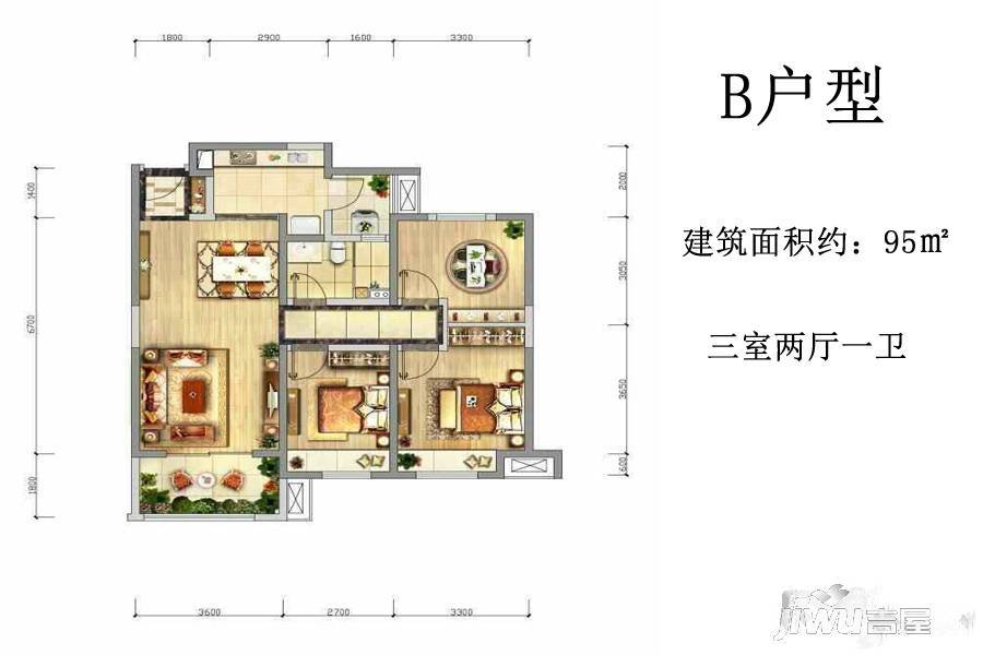 中海·悦墅3室2厅1卫95㎡户型图