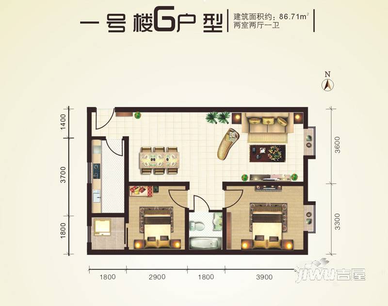 大唐星河苑2室2厅1卫86.7㎡户型图