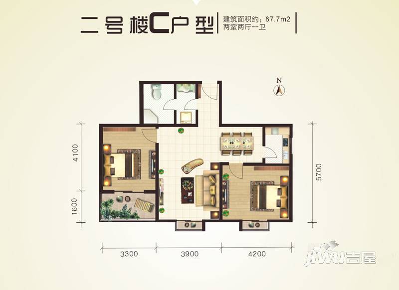 大唐星河苑2室2厅1卫87.7㎡户型图