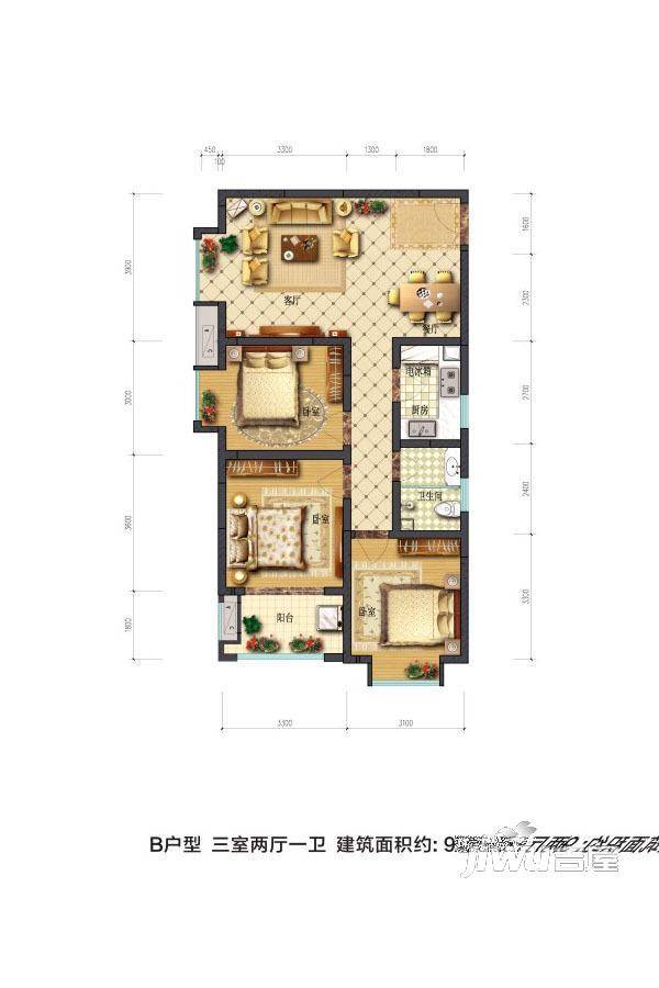 摩卡思想家3室2厅1卫98.1㎡户型图