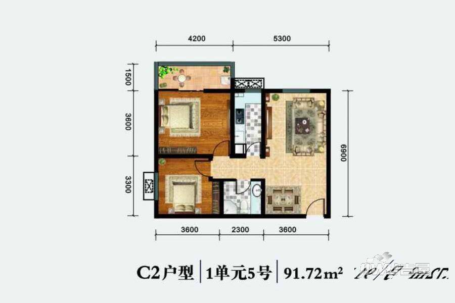 华旗东郡2室2厅1卫91.7㎡户型图