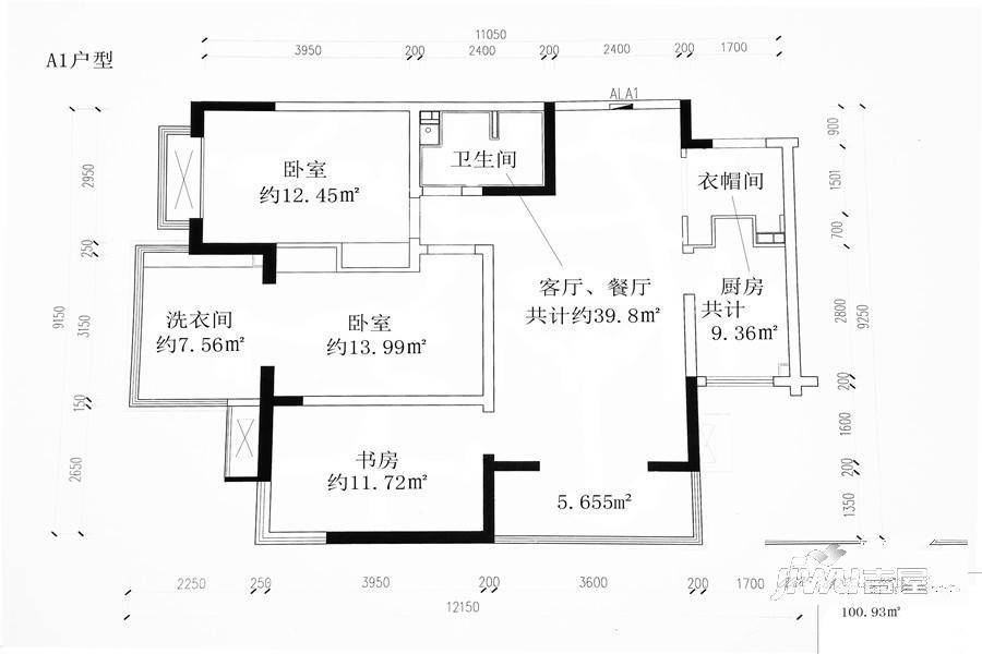 锦舍公寓3室2厅1卫119.3㎡户型图