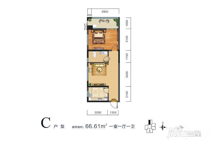 晶鑫华庭1室1厅1卫66.6㎡户型图