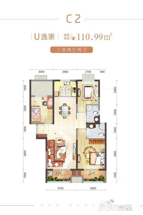 金辉优步花园3室2厅2卫111㎡户型图