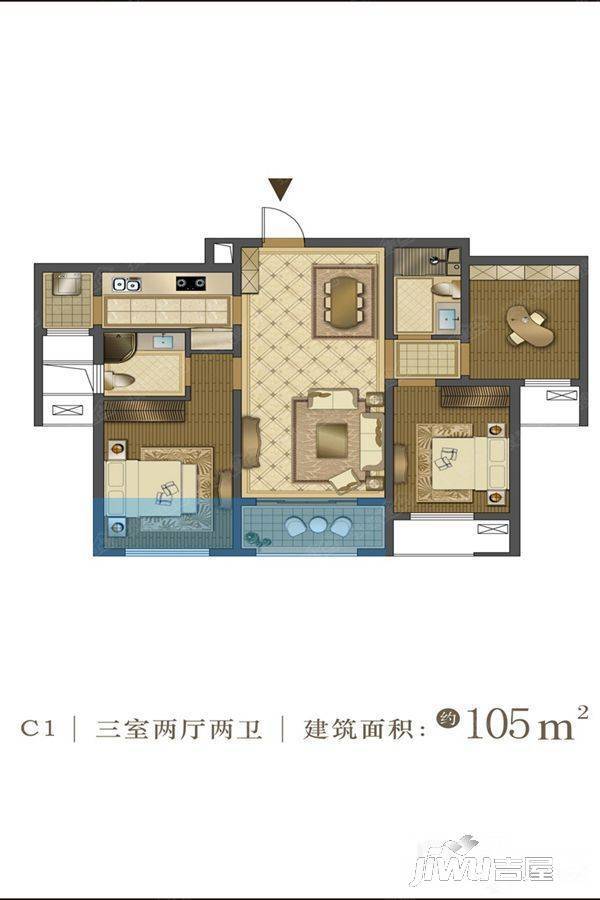 中国铁建西派国际3室2厅2卫105㎡户型图