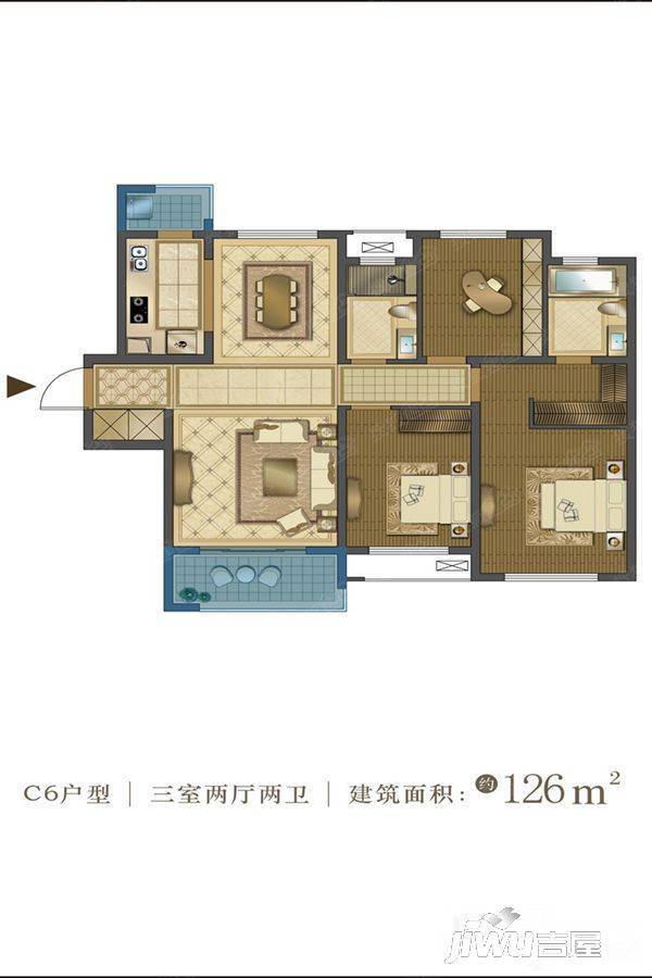 中国铁建西派国际3室2厅2卫126㎡户型图