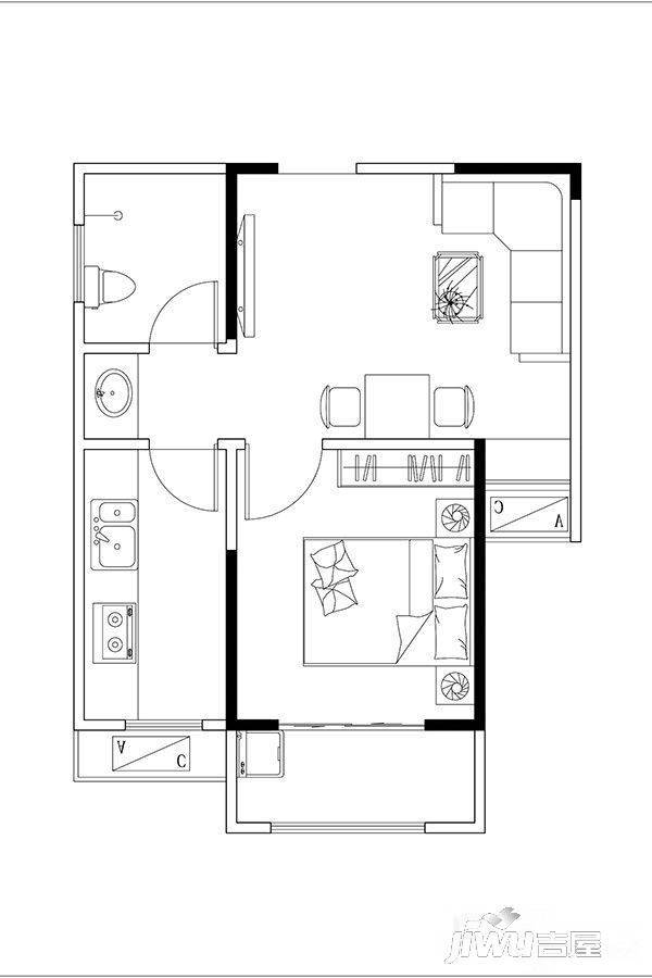 帕克公馆1室1厅1卫50.6㎡户型图