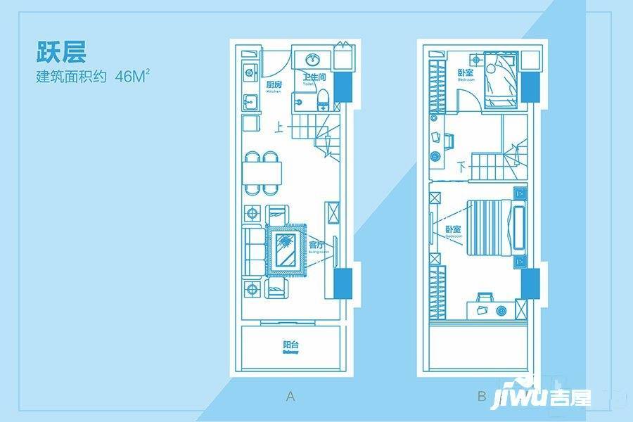 高新玺悦2室1厅1卫46㎡户型图