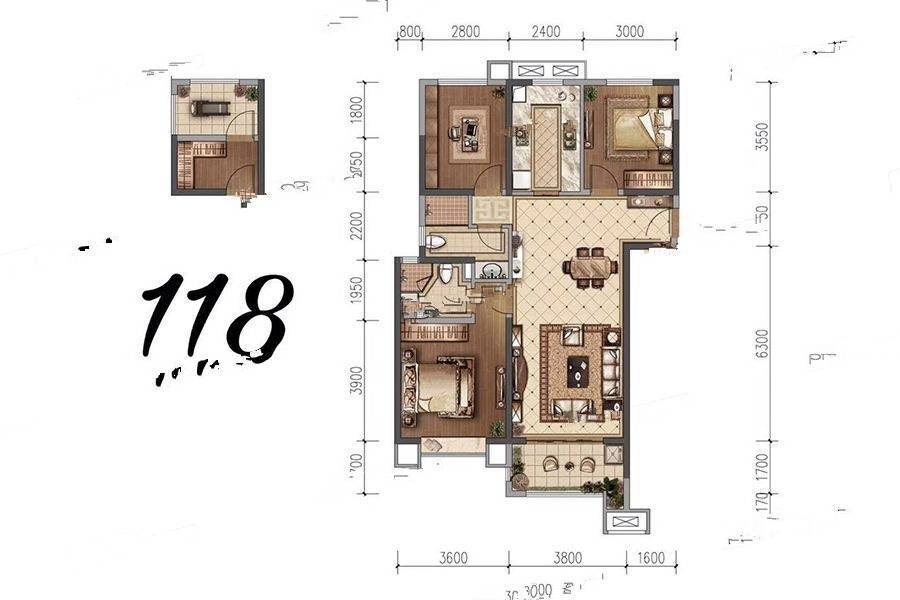 雅居乐湖居笔记3室2厅2卫118㎡户型图