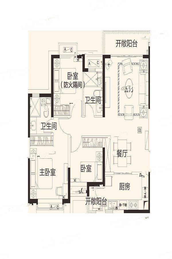 恒大翡翠龙庭3室2厅1卫119.1㎡户型图