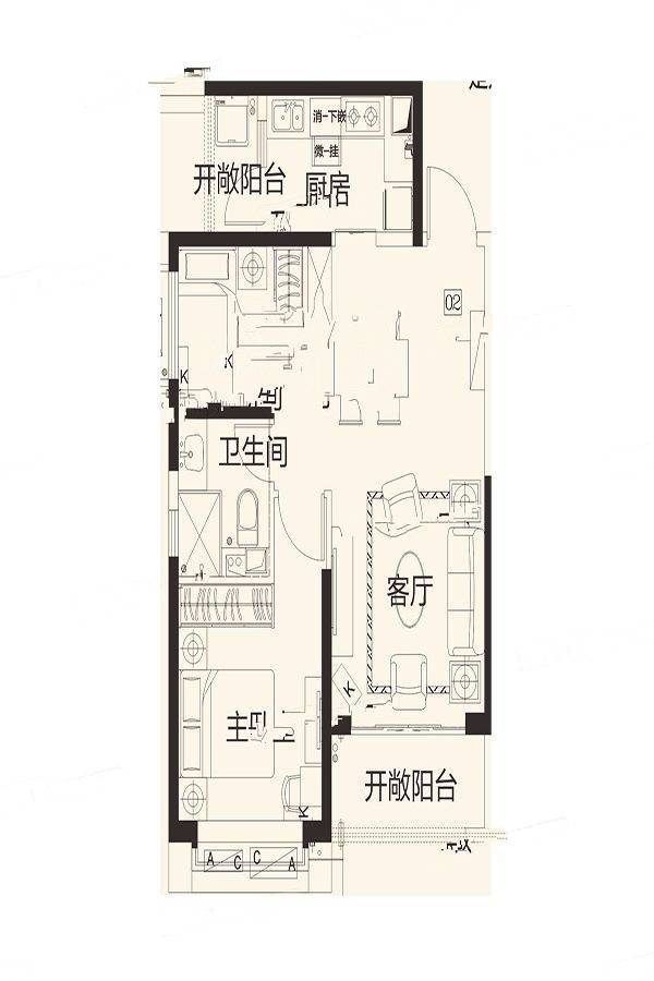 恒大翡翠龙庭2室2厅1卫78.8㎡户型图