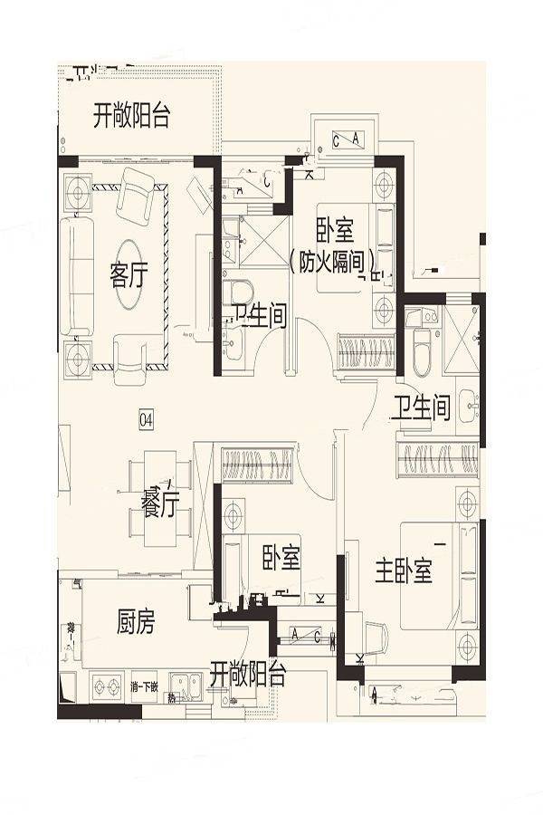 恒大翡翠龙庭3室2厅1卫119.1㎡户型图