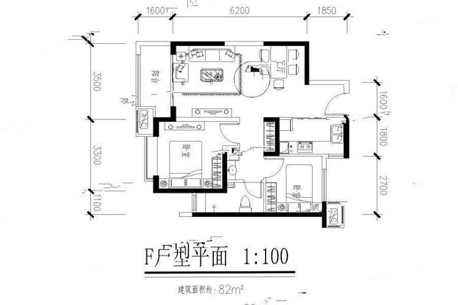 隆基泰和万和郡2室2厅1卫82㎡户型图