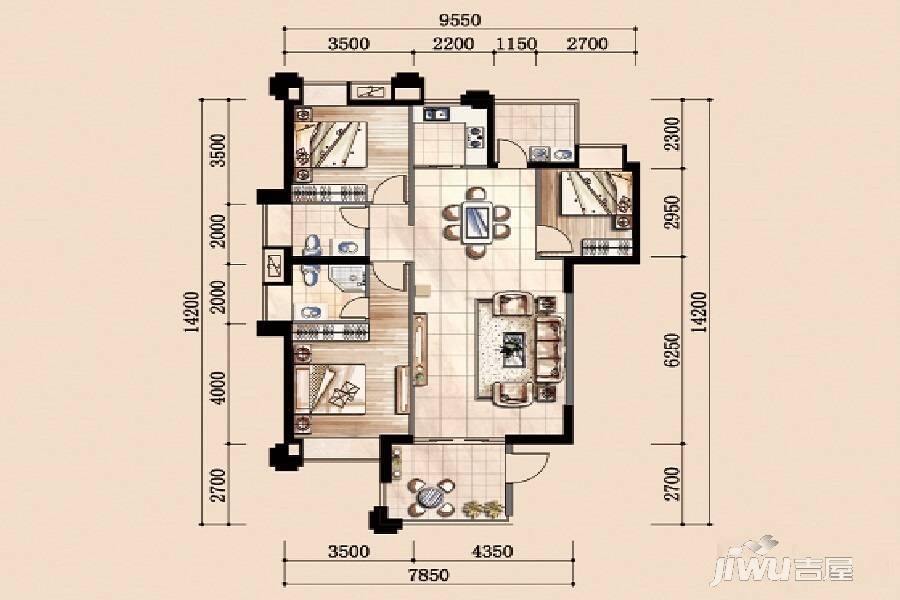 凯逸阳光3室2厅2卫126.7㎡户型图