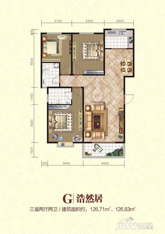 延长天和城3室2厅2卫126.7㎡户型图