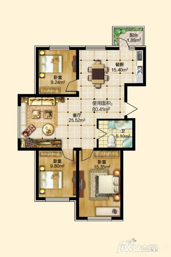 哈西华府二期3室2厅1卫115.3㎡户型图