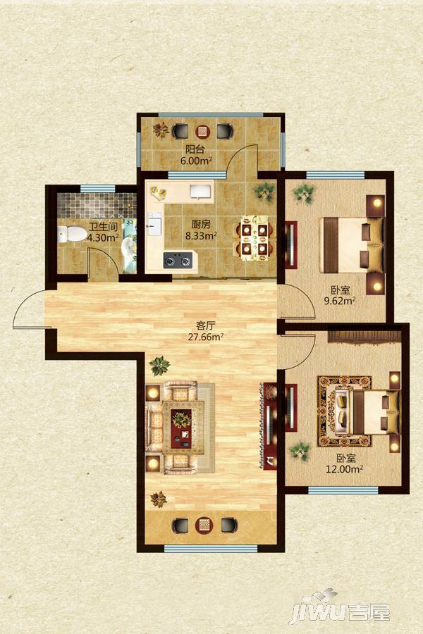 锦绣华城2室1厅1卫61.9㎡户型图