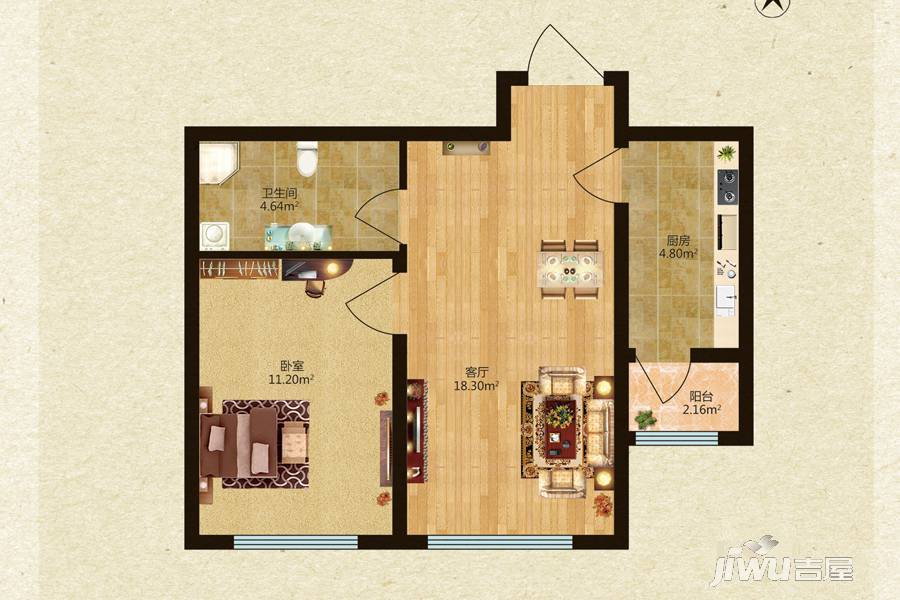 锦绣华城1室1厅1卫63.8㎡户型图