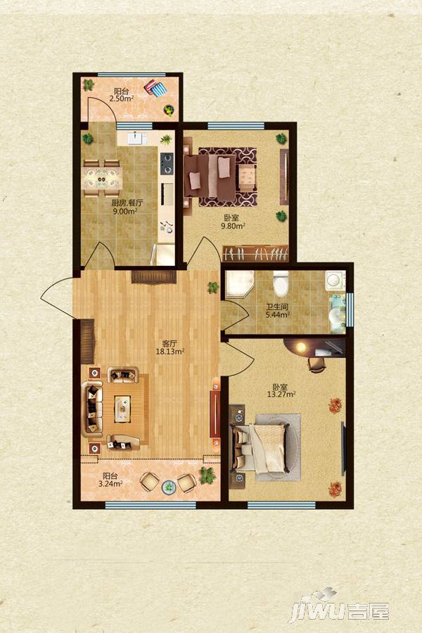 锦绣华城2室2厅1卫58.9㎡户型图