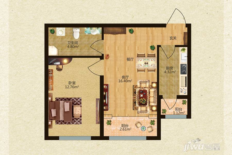 锦绣华城1室2厅1卫64.8㎡户型图