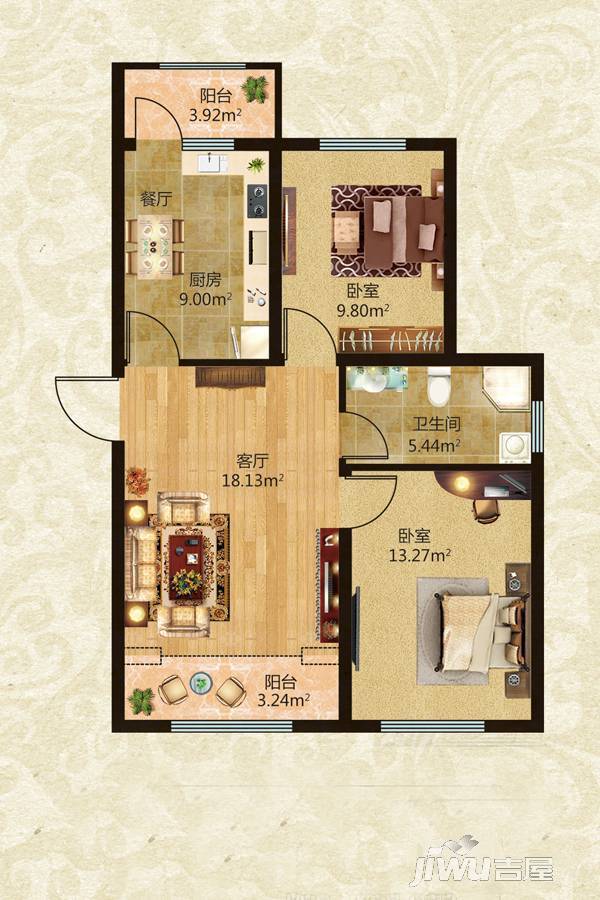 锦绣华城2室1厅1卫95.7㎡户型图