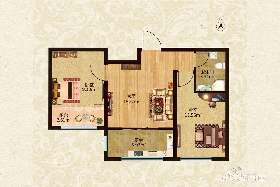 锦绣华城2室1厅1卫77.7㎡户型图