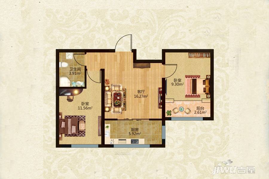 锦绣华城2室1厅1卫77.7㎡户型图