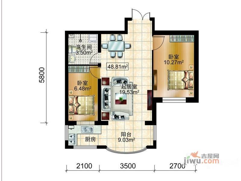 金泰湖滨绿茵2室2厅1卫69.5㎡户型图