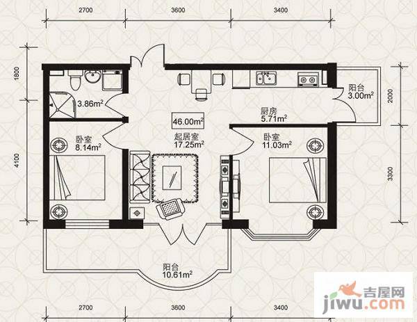 金泰湖滨绿茵2室1厅1卫户型图