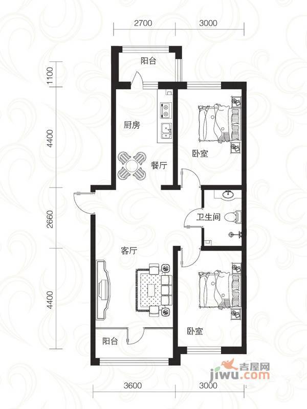 鑫都丽水雅居2室2厅1卫100.3㎡户型图